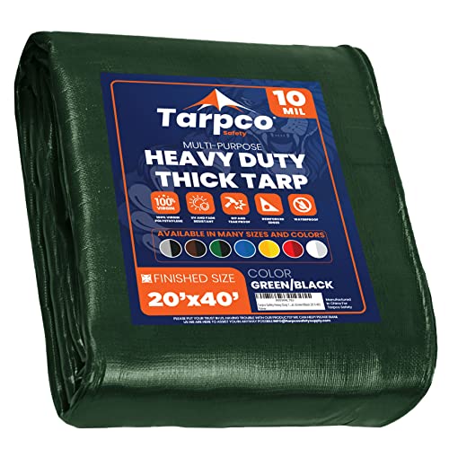 Tarpco Safety Heavy Duty 10 Mil Tarp Cover, Waterproof, UV Resistant, Rip and Tear Proof, Poly Tarpaulin with Reinforced Edges for Camping, Roof, Patio, Pool, Boat. (Green/Black 20 X 40)