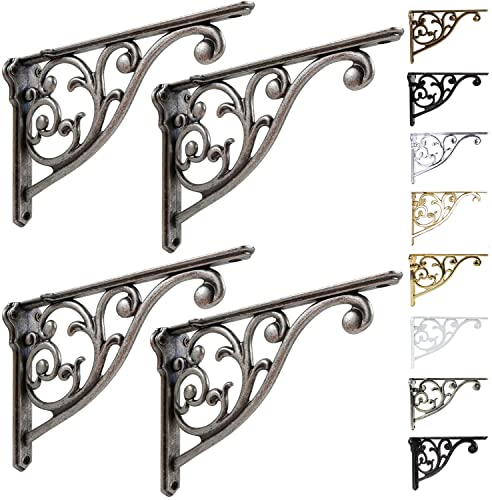 Shelf Brackets 8 Inch 4PCS Heavy Duty Antique Weathered Nickel Wall Bracket Baroque Kitchen Decorative Rack Shelves, Including All Hardware. (4, Antique True Silver)