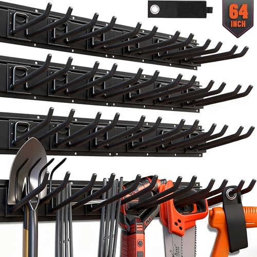 HORUSDY 64-Inch Heavy Duty Garage Organization Rack, 14 Packs Max Load 600LB, 4 Packs Rails and 9 Adjustable Hooks, Tool Organizer Rack with Heavy Double Hooks Tracks