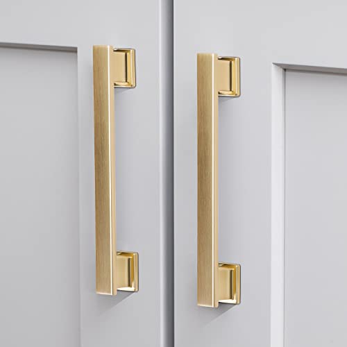 10 Pack Square Brushed Gold Cabinet Pulls, 5 Inch(128mm) Hole Centers Brushed Gold Cabinet Handles Hardware for Kitchen Cupboard Closet Bathroom Dresser Drawer, Solid Zinc Alloy