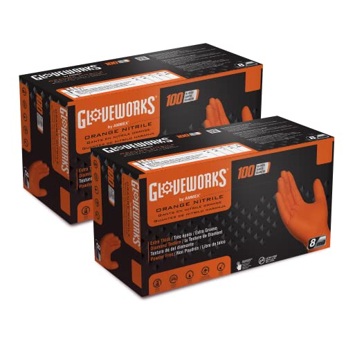 GLOVEWORKS Heavy-Duty Nitrile Gloves, Disposable, Latex Free, 8 Mil, Orange, Diamond Grip Glove