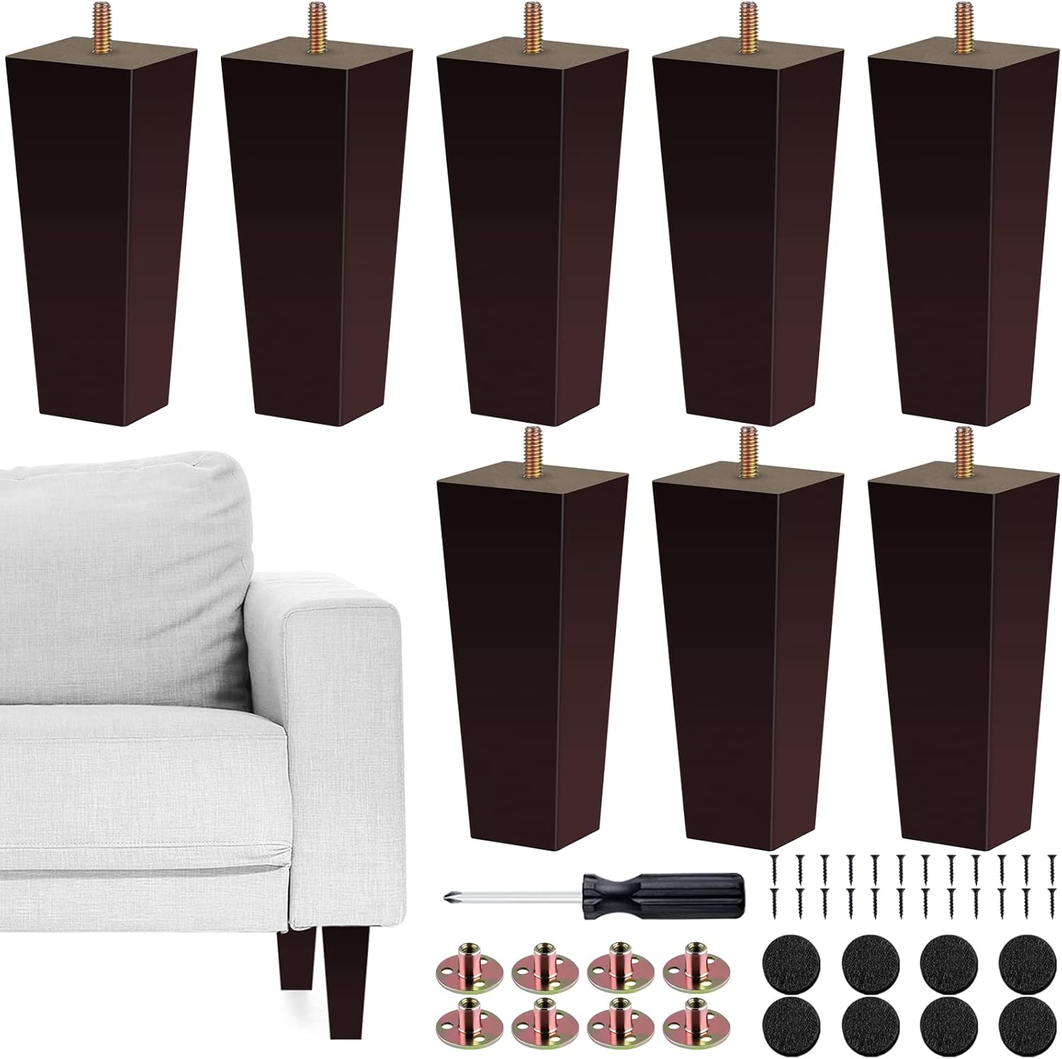 TURSTIN Set of 8 Furniture Legs 6 Inch Square Solid Wood Couch Legs Replacement Sofa Legs Mid Century Furniture Feet for Armchair Bed Dresser Cabinet Include Installation Hardware, Brown