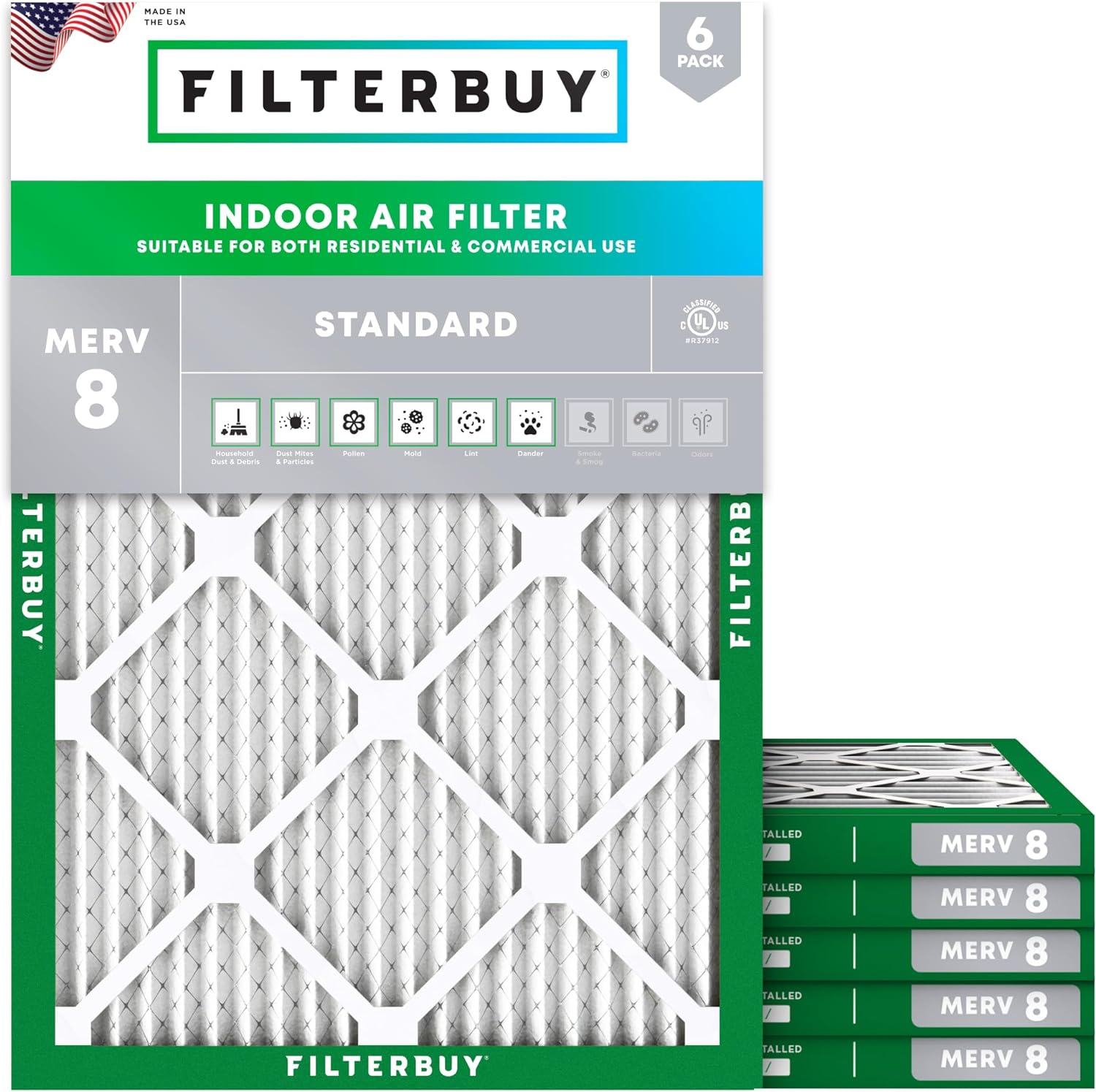 Filterbuy 17x21x1 Air Filter MERV 8 Essential Dust & Allergy Defense (6-Pack), Electrostatic Pleated HVAC AC Furnace Filters Replacement, Made in USA (Actual Size: 16.50 x 20.50 x 0.75)