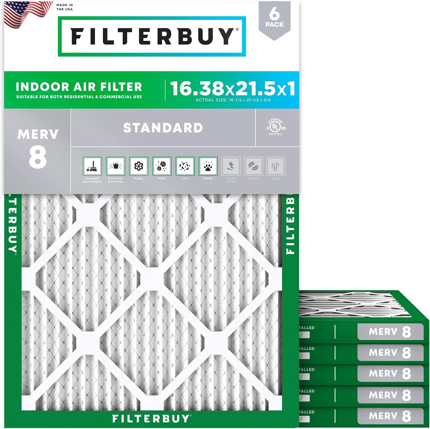 Filterbuy 16.38x21.5x1 Air Filter MERV 8 Essential Dust & Allergy Defense (6-Pack), Electrostatic Pleated HVAC AC Furnace Filters Replacement, Made in USA (Actual Size: 16.50 x 21.50 x 0.75)