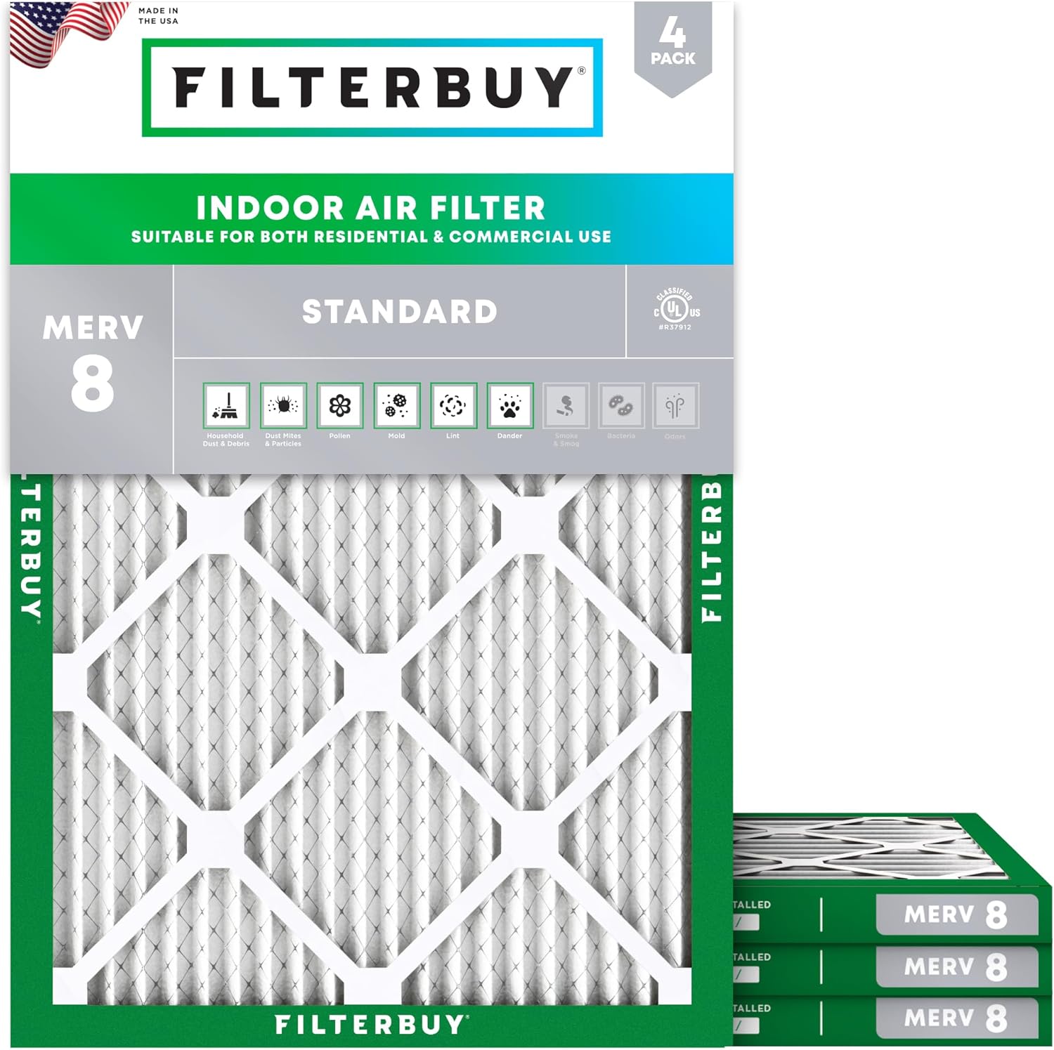 Filterbuy 17x21x1 Air Filter MERV 8 Essential Dust & Allergy Defense (4-Pack), Electrostatic Pleated HVAC AC Furnace Filters Replacement, Made in USA (Actual Size: 16.50 x 20.50 x 0.75)