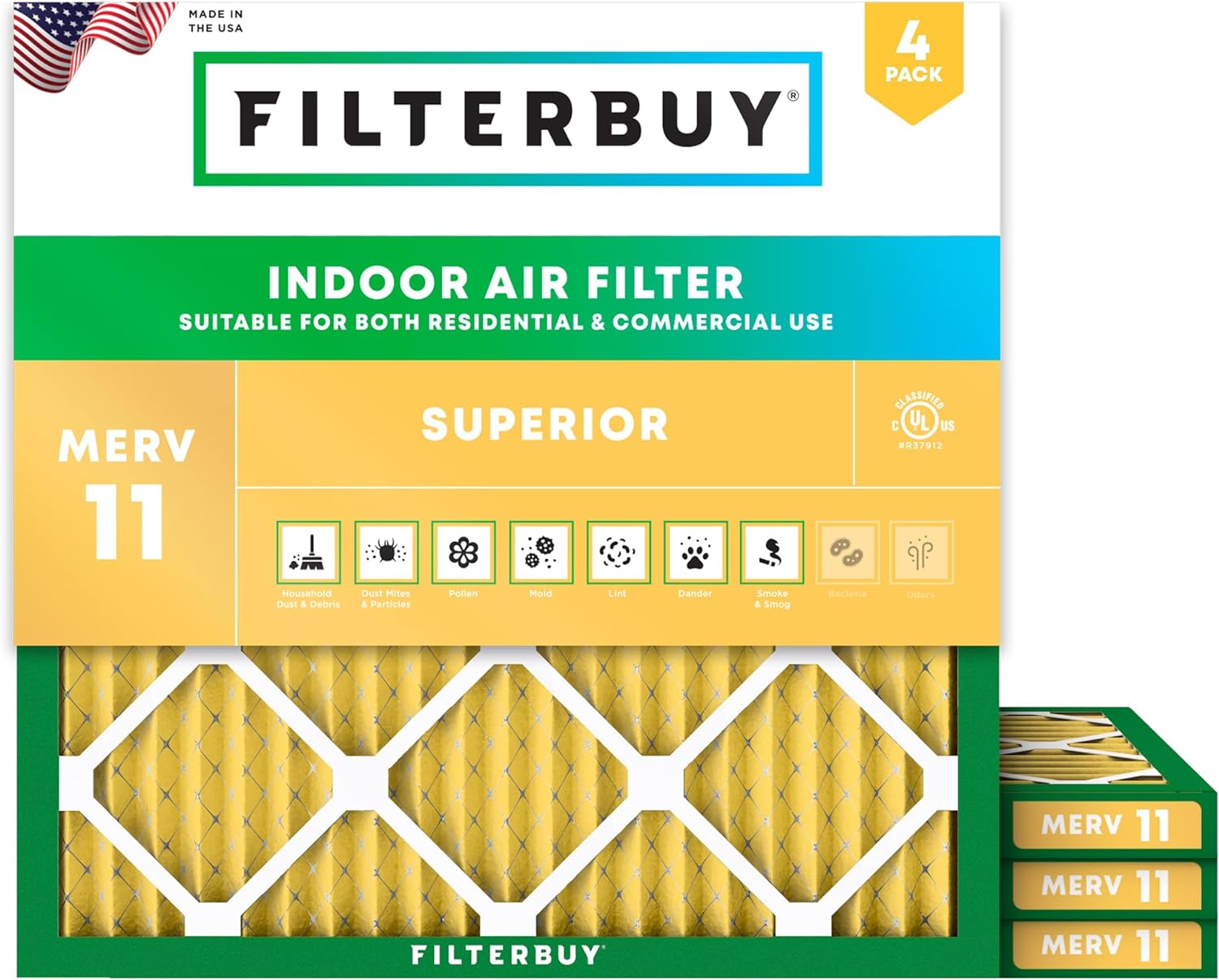 Filterbuy 19x19x1 Air Filter MERV 11 Superior Pet & Allergy Defense (4-Pack), Electrostatic Pleated HVAC AC Furnace Filters Replacement, Made in USA (Actual Size: 19.00 x 19.00 x 0.75)