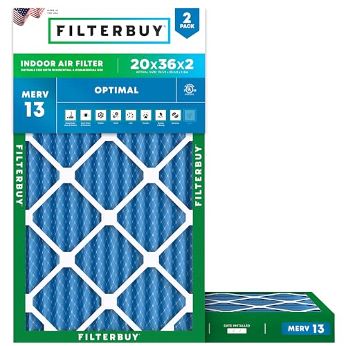 Filterbuy 20x36x2 Air Filter MERV 13 Optimal Smoke & Allergy Defense (2-Pack), Electrostatic Pleated HVAC AC Furnace Filters Replacement, Made in USA (Actual Size: 19.50 x 35.50 x 1.75)