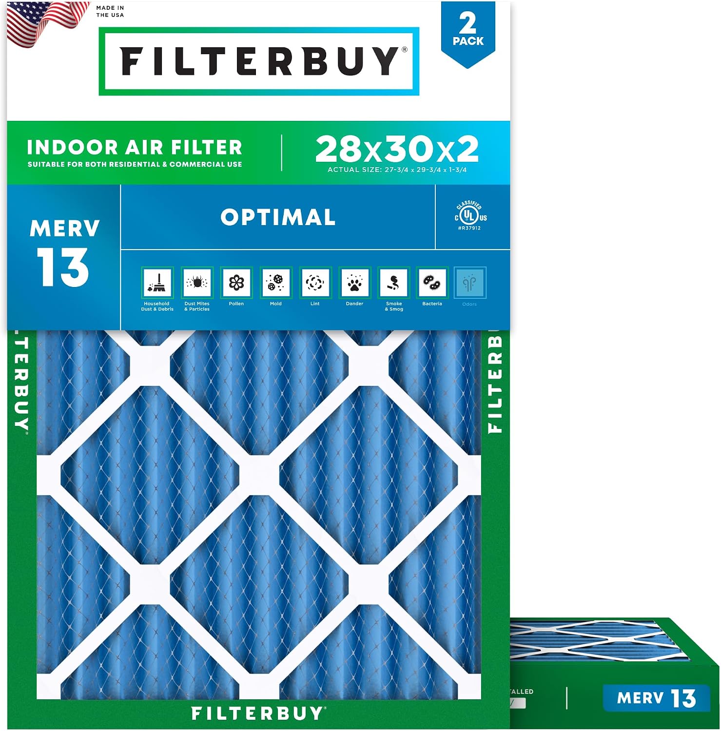 Filterbuy 28x30x2 Air Filter MERV 13 Optimal Smoke & Allergy Defense (2-Pack), Electrostatic Pleated HVAC AC Furnace Filters Replacement, Made in USA (Actual Size: 27.75 x 29.75 x 1.75)