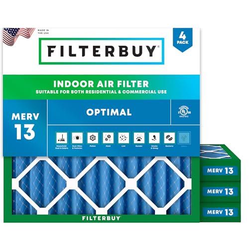 Filterbuy 10x10x2 Air Filter MERV 13 Optimal Smoke & Allergy Defense (4-Pack), Electrostatic Pleated HVAC AC Furnace Filters Replacement, Made in USA (Actual Size: 9.50 x 9.50 x 1.75)