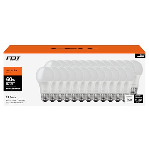 Feit Electric A19 LED Light Bulbs, 60W Equivalent, Non-Dimmable, 800 Lumens, E26 Standard Base, 2700K Soft White, 80 CRI, 10 Year Lifetime, Energy Efficient, 24 Pack, A800830/10KLED/MP/24