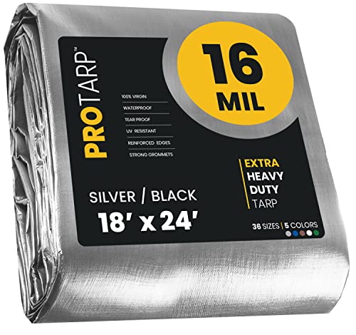 PROTARP Extra Heavy Duty 16 Mil Tarp Cover, Waterproof, UV Resistant, Rip and Tear Proof, Poly Tarpaulin with Reinforced Edges for Roof, Camping, Patio, Pool, Boat. (Silver/Black 18 X 24)