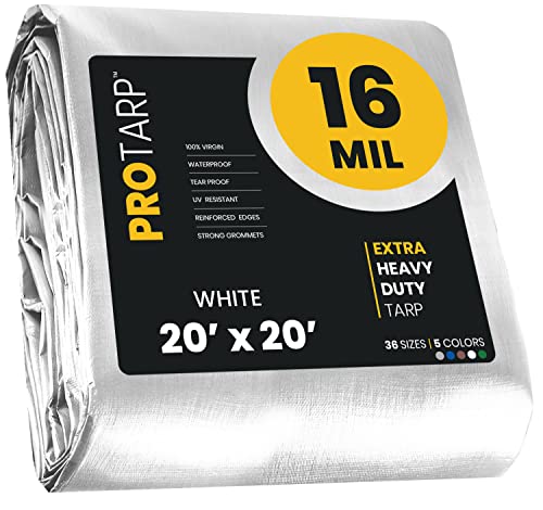 PROTARP Extra Heavy Duty 16 Mil Tarp Cover, Waterproof, UV Resistant, Rip and Tear Proof, Poly Tarpaulin with Reinforced Edges for Roof, Camping, Patio, Pool, Boat. (White 20 X 20)