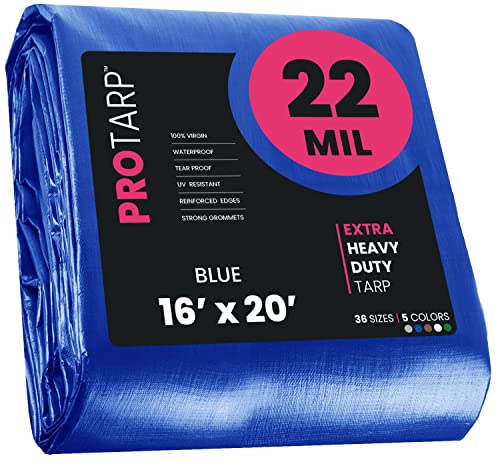 PROTARP Extreme Heavy Duty 22 Mil Tarp Cover, Waterproof, UV Resistant, Rip and Tear Proof, Poly Tarpaulin with Reinforced Edges for Roof, Camping, Patio, Pool, Boat. (Blue 16 X 20)