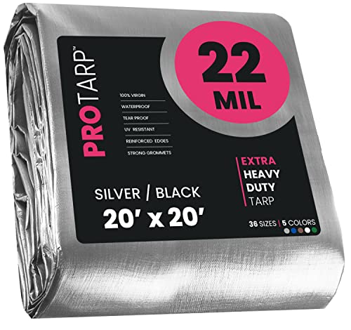 PROTARP Extreme Heavy Duty 22 Mil Tarp Cover, Waterproof, UV Resistant, Rip and Tear Proof, Poly Tarpaulin with Reinforced Edges for Roof, Camping, Patio, Pool, Boat. (Silver/Black 20 X 20)