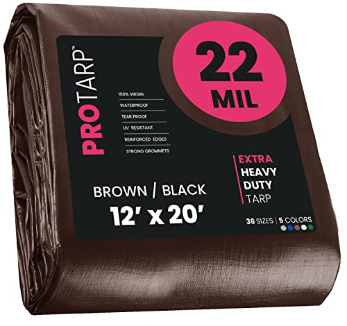 PROTARP Extreme Heavy Duty 22 Mil Tarp Cover, Waterproof, UV Resistant, Rip and Tear Proof, Poly Tarpaulin with Reinforced Edges for Roof, Camping, Patio, Pool, Boat. (Brown/Black 12 X 20)