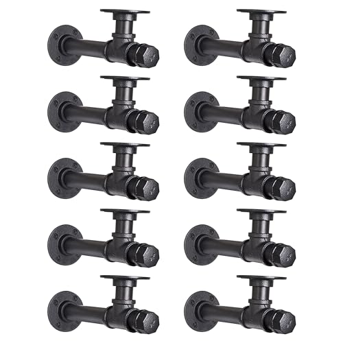 Rustic Pipe Shelf Brackets 10 Packs Industrial Iron DIY L Pipe Shelf Bracket for 7"-14" Wood Floating Shelf Vintage Look Home Pipe Decor