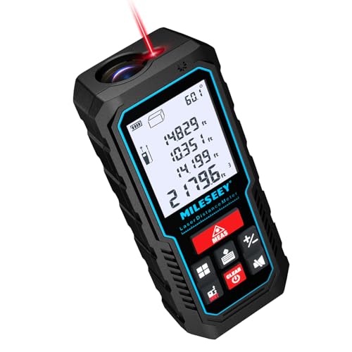 Laser Measure Device, MiLESEEY 393ft Digital Laser Tape Measure with Upgrade Electronic Angle Sensor, 2mm Accuracy, Area Measurement,Volume and Pythagoras, 2" LCD Backlit,Mute, Battery Included