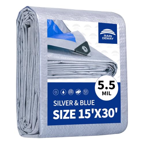 RAINDEWAY Tarps - 15x30 Feet, 5.5 Mil Thick, Multipurpose Waterproof Poly Tarp Cover with Metal Grommets and Reinforced Edges, Silver/Blue Large Tarp