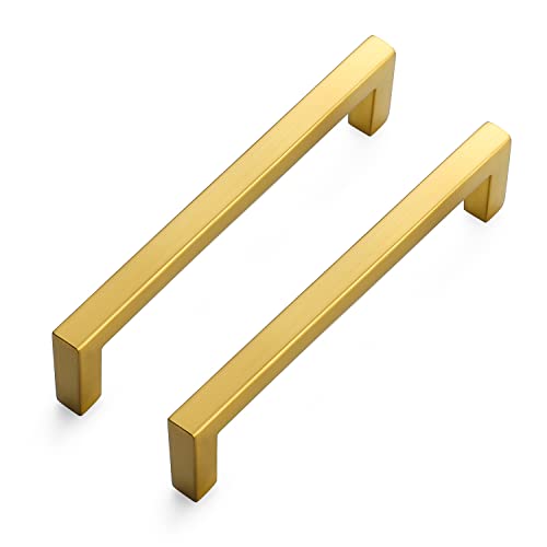Ravinte 15 Pack Solid 5 Inch Center to Center Slim Square Bar Drawer Handles Cabinet Hardware - Brushed Brass Pulls for Kitchen Cabinets