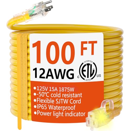 HUANCHAIN 12/3 Gauge Heavy Duty Outdoor Extension Cord 100 ft Waterproof with Lighted end, Flexible Cold-Resistant 3 Prong Electric Cord Outside, 15Amp 1875W 12AWG SJTW, Yellow, ETL