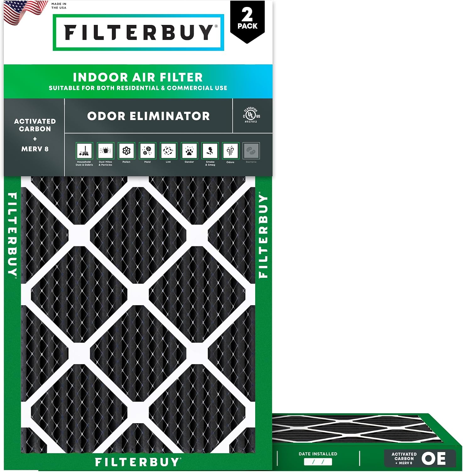 Filterbuy 15x25x1 Air Filter MERV 8 Odor & Allergy Defense with Activated Carbon (2-Pack), Electrostatic Pleated HVAC AC Furnace Filters Replacement, Made in USA (Actual Size: 14.50 x 24.50 x 0.75)
