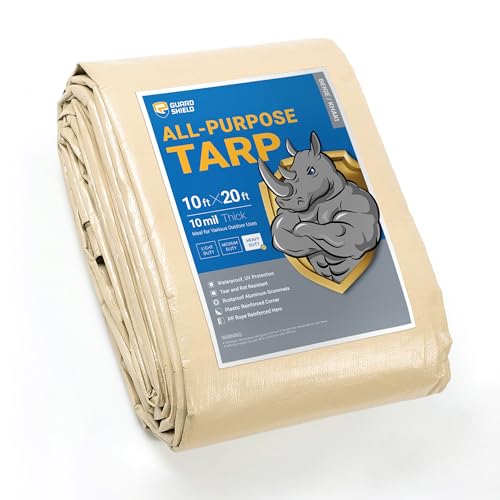 GUARD SHIELD Beige Tarp Heavy Duty Waterproof 10x20 Feet Outdoor Poly Tarps Cover Thick UV Resistant Canopy Tarpaulin with Grommets 10mil