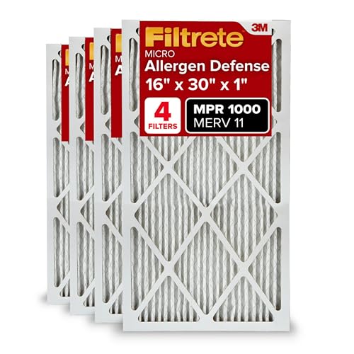 Filtrete 16x30x1 AC Furnace Air Filter, MERV 11, MPR 1000, Micro Allergen Defense, 3-Month Pleated 1-Inch Electrostatic Air Cleaning Filter, 4 Pack (Actual Size 4-Pack 29.813x15.813x0.656 in)