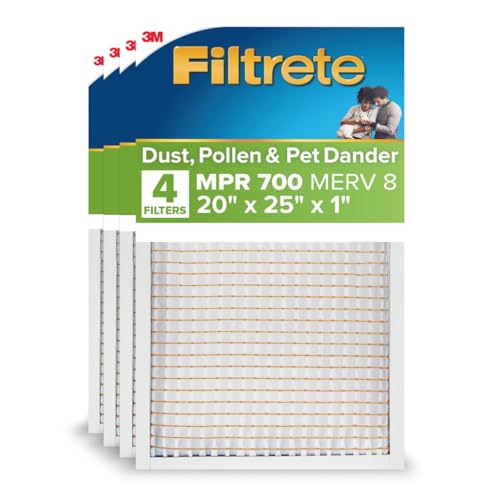 Filtrete 20x25x1 AC Furnace Air Filter, MERV 8, MPR 700, Tough on Pollen, Easy on Airflow, 3-Month Pleated 1-Inch Electrostatic Air Cleaning Filter, 4-Pack (Actual Size 19.880 x 25.563 x 0.8125 in)