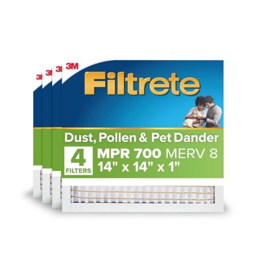 Filtrete 14x14x1 AC Furnace Air Filter, MERV 8, MPR 700, Tough on Pollen, Easy on Airflow, 3-Month Pleated 1-Inch Electrostatic Air Cleaning Filter, 4-Pack (Actual Size 13.688 x 13.688 x 0.78 in)