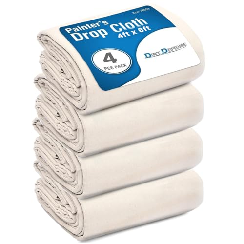 DIRT DEFENSE 4x6 Pack of 4 Drop Cloth Cotton Tarp Large Canvas Tarp for Art Supplies, Drop Cloths for Painting Supplies/Paint Canvas Fabric and Furniture Cover from Paint