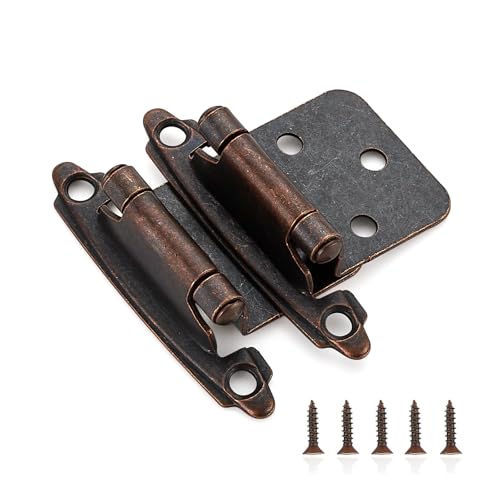 Ravinte 60 Pack (30 Pairs) 1/2 inch Overlay Cabinet Hinges, Self-Closing Semi-Concealed Face Mount, Antique Copper Decorative Hardware with Door Bumpers for Kitchen & Cupboard Doors