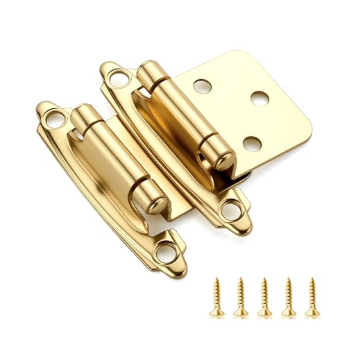 Ravinte 60 Pack (30 Pairs) 1/2 inch Overlay Cabinet Hinges, Self-Closing Semi-Concealed Face Mount, Satin Brass Decorative Hardware with Door Bumpers for Kitchen & Cupboard Doors, Gold