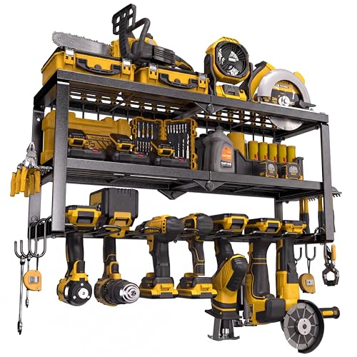 Power Tool Organizer for Tool Storage, Drill Holder Wall Mount with Screwdriver Organizer, Tool Holder for Garage Wall Organization, Heavy Duty Metal Tool Shelf with Battery Holder