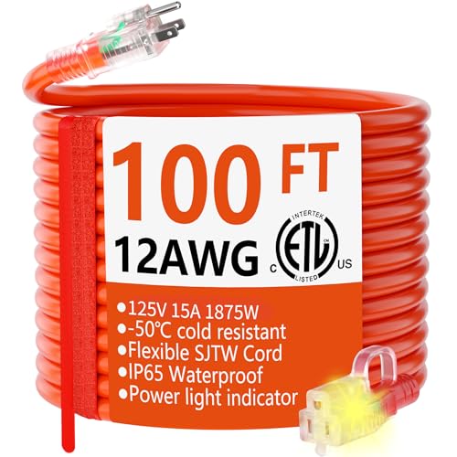 HUANCHAIN 12/3 Gauge Heavy Duty Outdoor Extension Cord 100 ft Waterproof with Lighted end, Flexible Cold-Resistant 3 Prong Electric Cord Outside, 15Amp 1875W 12AWG SJTW, Orange, ETL