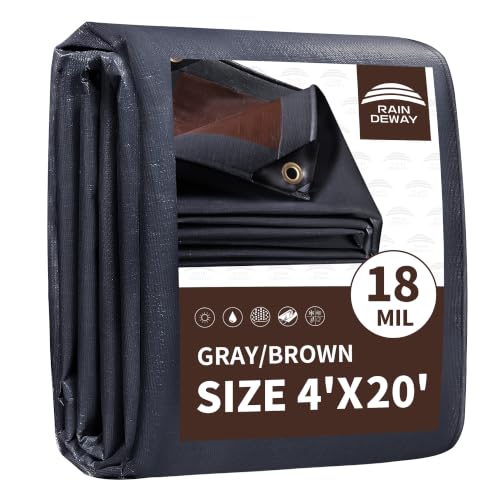 RAINDEWAY 4x20 Feet Super Heavy Duty Tarp 18 Mil, UV Resistant, Weatherproof, Multipurpose Waterproof Poly Tarp with Grommets and Reinforced Edges, Brown/Gray Tarps