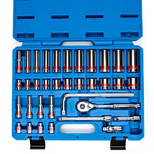 NEIKO 02511A 3/8 Drive Socket Set with Quick Release Ratchet (90 Tooth), 35 Piece Standard and Deep SAE Sizes, 1/4 to 1, 6 Point, Universal Joint, 3/8 Extension Bars, Made with CR-V Steel