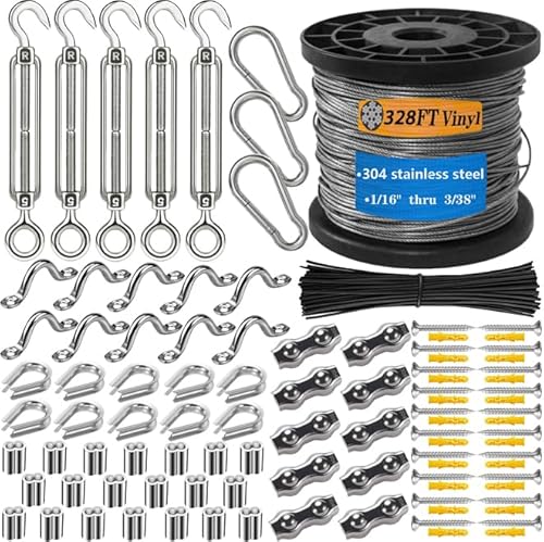 M5 304 Stainless Steel Turnbuckle Tension Wire Kit - 328FT (100M) Vinyl Coated Cable 1/16" Wire Rope for Garden, String Lights, Fence, Outdoor Hanging - Heavy Duty & Anti-Rust