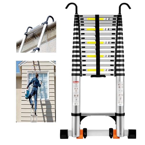 20.3 FT Telescoping Ladder with Hooks, Adjustable Multi-Purpose Collapsible Extension with Stabilizers & Wheels, Heavy Duty 330 lbs Max Capacity, Ideal for Home and Outdoor Work, Silver