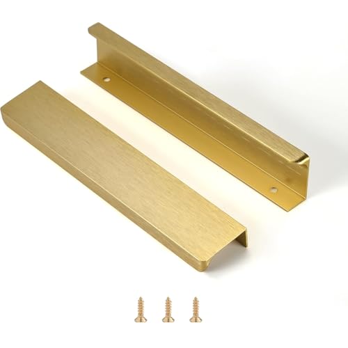 Satanga Edge Finger Tab Pull for cabinets Kitchen Concealed Drawer pulls Aluminum Flat Hidden Back Mount Door Handle for Home 10Pack Modern Brushed Brass 6.3" Hole Center Easy Installation