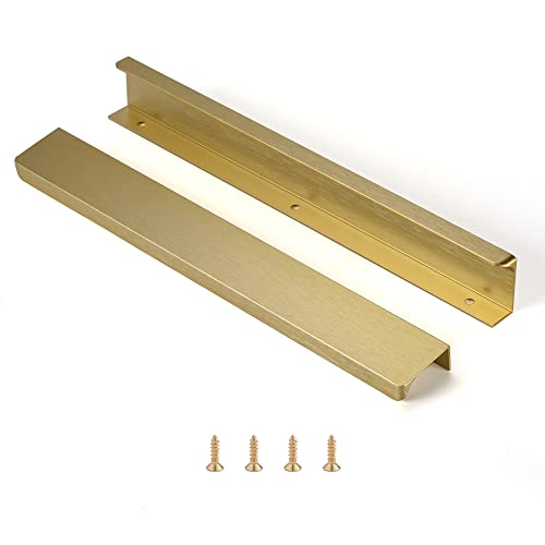 Satanga Edge Finger Tab Pull for cabinets Kitchen Concealed Drawer pulls Aluminum Flat Hidden Brushed Brass Mount Door Long Handle for Home 10Pack Modern 10" Hole Center Easy Installation