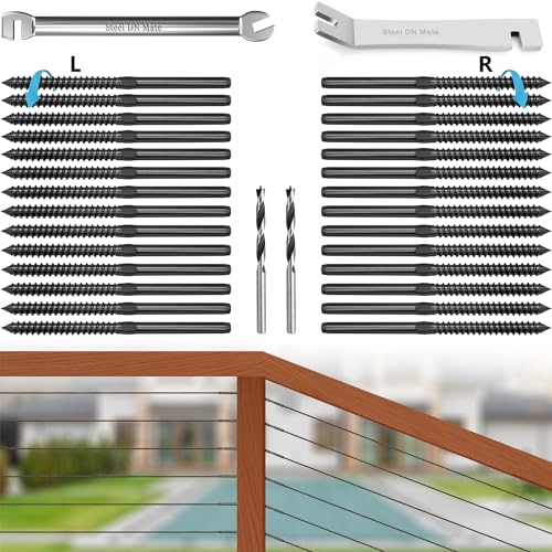 Steel DN Mate T316 Stainless Steel 70 Pack Black Left&Right Handed Thread Swage Lag Screws for Wood Post of 1/8" Cable Railing Kit, Stair Deck Railing Hardware, DIY Baluster Hardware, Wrench Included