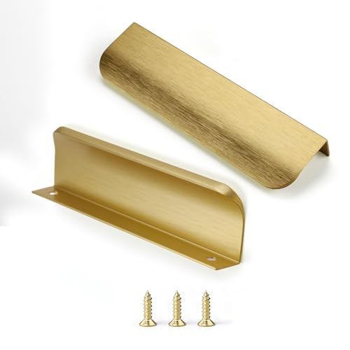 Edge Finger Tab Pull for cabinets Kitchen Concealed Drawer pulls Aluminum Hidden Door Handle for Home 10 Pack Modern Brushed Brass 6" Overall Length Easy Installation