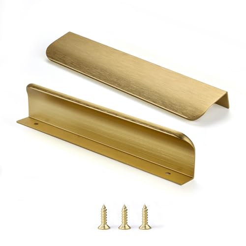 Edge Finger Pull for cabinets Kitchen Concealed Drawer pulls Aluminum Hidden Door Handle for Home 10 Pack Modern Brushed Brass 4.72" Overall Length Easy Installation