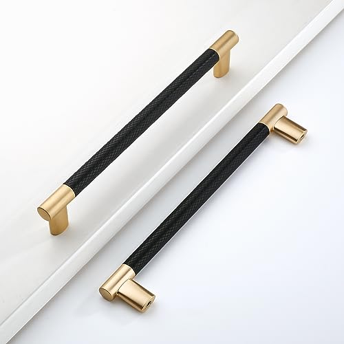 10 Pack 7 Inch(177mm) Hole Center Kitchen Cabinet Handles Black and Gold Cabinet Pulls Knurled Kitchen Drawer Pulls Finish 8" Hardware Dresser Handles Bathroom Cabinets Handles