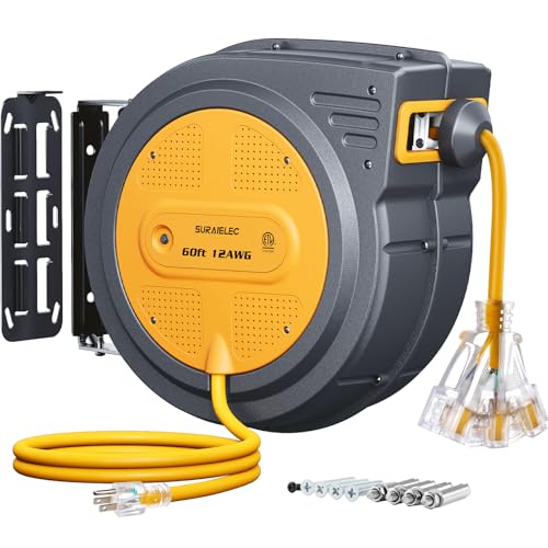 SURAIELEC 12 Gauge Extension Cord Reel, 60 FT Retractable Extension Cord, 12 AWG/3C SJTOW Heavy Duty Power Cord, 15 AMP Circuit Breaker, Lighted Triple Tap, Ceiling or Wall Mount, UL Listed