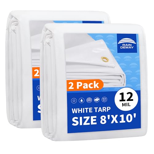 RAINDEWAY 12 Mil Heavy Duty White Tarp 8x10 Feet (2 Pack), UV Resistant, Waterproof, Weatherproof Poly Tarp with Metal Grommets and Reinforced Edges