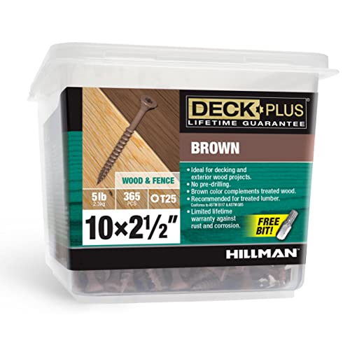 Deck Plus 2-1/2 Inch Epoxy Coated Exterior Wood and Fence Screws #10 x 2-1/2" Torx/Star Drive Included Coarse Thread, Outdoor Rust Resistant Decking Screw, Brown, 5 lb Box, 365 Pieces | 49007