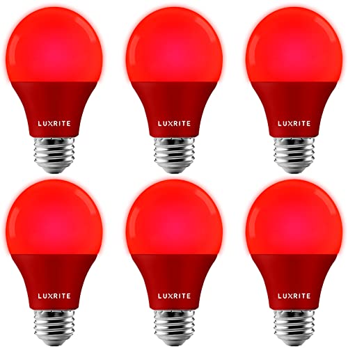LUXRITE A19 LED Red Light Bulbs, 60W Equivalent, Non-Dimmable, UL Listed, E26 Standard Base, Indoor Outdoor, Porch, Christmas, Decoration, Party, Holiday, Event, Home Lighting (6 Pack)