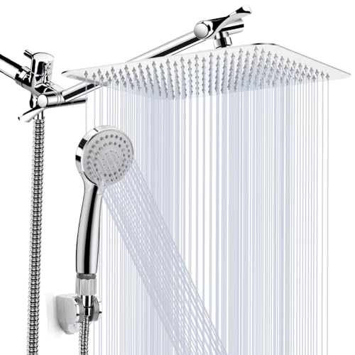Shower Head, Kaqinu 10'' High Pressure Rainfall Shower Head/Handheld Showerhead Combo with 11 Extension Arm, Anti-leak Shower Head with Holder/Hose, Flow Regulator - Chrome