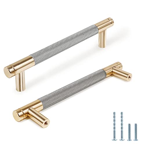 Knurled Cabinet Pulls 25 Pack, 6 Inch Long Cabinet Handles Metal Door Pulls, Kitchen Drawer Pull Knurled Dresser Handles - 5" Hole to Hole, Grey & Gold